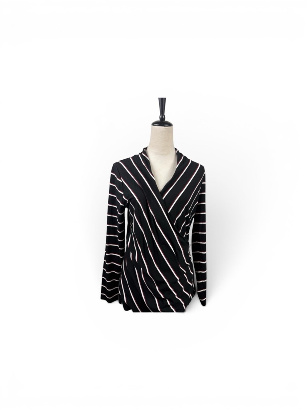 White House Black Market Black striped faux wrap Top size large